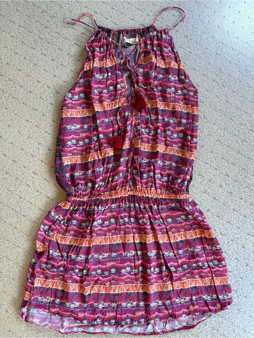 Sofia by ViX Boho Halter Tassel Resort Coverup Dress Medium Pink Striped
